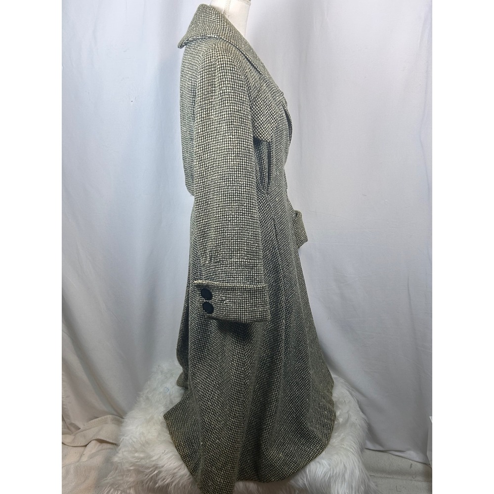 Vintage Great Britain Green White Tweed Wool Maxi Coat Long Trench Jacket Womens - Picture 12 of 16